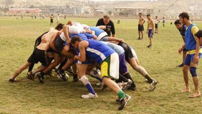 Aspiring Afghan players take part in trials for the national Under 19 rugby union team in Kabul.