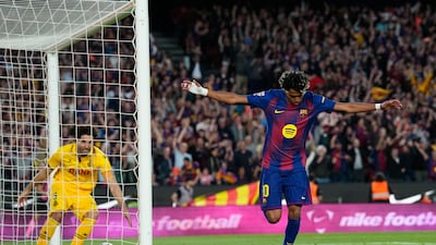 Barcelona's Lamine Yamal celebrates scoring to make it 3-1 against Espanyol. EPA