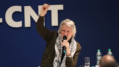 Waters participates in the Palestine and Human Rights Today talk in Uruguay, 2018. EPA