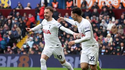 Tottenham Hotspur's James Maddison celebrates scoring their opener with Brennan Johnson. Reuters