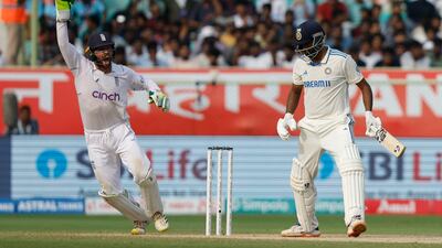 England's Ben Foakes celebrates after taking a fine low catch to dismiss India's Ravichandran Ashwin. Reuters