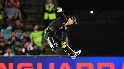 Alex Carey of Australia fails to take a catch to dismiss Pakistan's Iftikhar Ahmed during the Twenty20 match between at the Manuka Oval in Canberra on Tuesday November 5. AFP