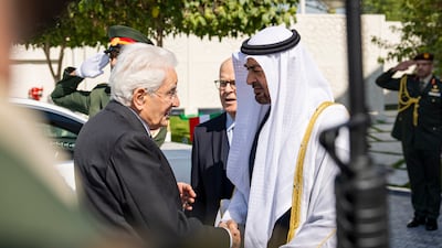 President Sheikh Mohamed with Italian President Sergio Mattarella, after a state visit reception at Al Shati Palace in Abu Dhabi on January 28. UAE Presidential Court