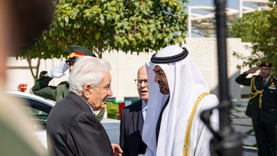 Mr Mattarella is greeted by the UAE President as he arrives for a state visit. Ryan Carter / UAE Presidential Court