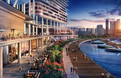 A rendering of the retail area along the Dubai Canal waterfront.