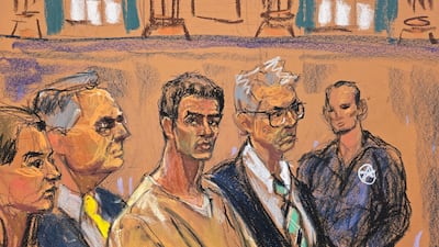 Luigi Mangione, the suspect in the killing of UnitedHealth Group chief executive Brian Thompson, stands in prison clothes with his lawyers during his appearance in New York Federal Court on April 25 in this courtroom sketch. Reuters