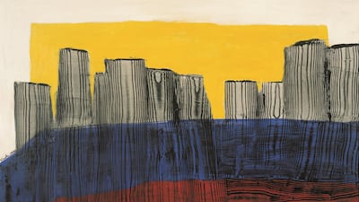 Speaking to a documentary filmmaker in 2006, Sadr said this abstract painting, circa 1975, represented the oil-soaked waters of the Gulf. Courtesy The Mosaic Rooms