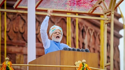 Mr Modi speaking at India's Independence Day ceremony at the Red Fort. Bloomberg