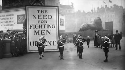 In London’s Trafalgar Square in November 1914, children dress up as soldiers to encourage young men to join the military. Absurd displays like this were a source of inspiration for the satirical novel Death of a Hero by Richard Aldington. Topical Press Agency / Getty Images