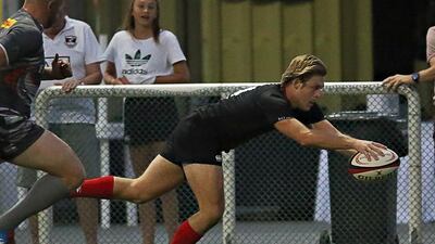 Charlie Sargent of Dubai Exiles goes in for a try against Dubai Hurricanes in the West Asia Championship. Photo Courtesy / Sarah Sargent