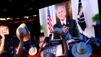 President Bush speaks via satellite at the Republican National Convention in St Paul, Minnesota.