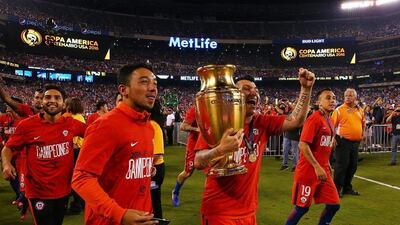 Chile celebrates after defeating Argentina. (Mike Stobe/Getty Images/AFP)
