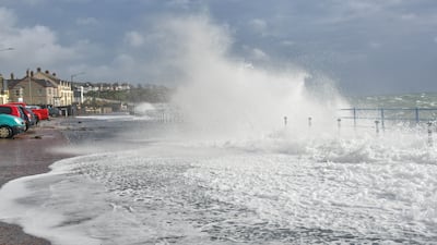 Handout photo taken with permission from the social media site X, formerly Twitter, of Bill Guiller, of waves crashing in Whitehead. Thousands of customers have been left without electricity as Storm Kathleen continues to sweep across the island of Ireland. Issue date: Saturday April 6, 2024. PA Photo. Photo credit should read: Bill Guiller/PA Wire NOTE TO EDITORS: This handout photo may only be used in for editorial reporting purposes for the contemporaneous illustration of events, things or the people in the image or facts mentioned in the caption. Reuse of the picture may require further permission from the copyright holder.