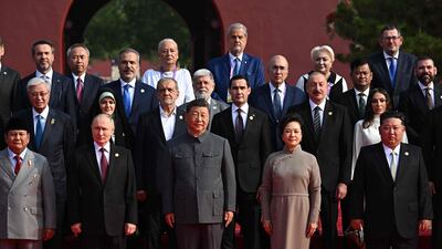 China's President Xi Jinping, his wife Peng Liyuan and dignitaries including Russia's President Vladimir Putin and North Korea's leader Kim Jong-un before a military parade in Beijing’s Tiananmen Square marking the 80th anniversary of victory over Japan and the end of the Second World War. AFP