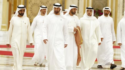 Sheikh Mohammed bin Zayed and Sheikh Mohammed bin Rashid arrive to receive the Chinese delegation. Pawan Singh / The National