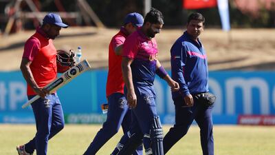 Muhammad Waseem of the UAE got injured and was then controversially run out during the Cricket World Cup Qualifier against Ireland in Bulawayo on Tuesday, June 27, 2023. Getty