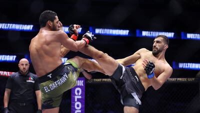 Florim Zendeli, right, defeated Omar El Dafrawy in their welterweight bout during PFL Road to Dubai Champions Series