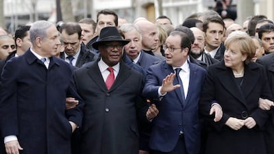 Israeli prime minister Benjamin Netanyahu stands with Malian president Ibrahim Boubacar Keita, French president Francois Hollande and German chancellor Angela Merkel at Paris' unity rally on January 11, after being seen to push his way to the front. Philippe Wojazer, Pool/AFP Photo
