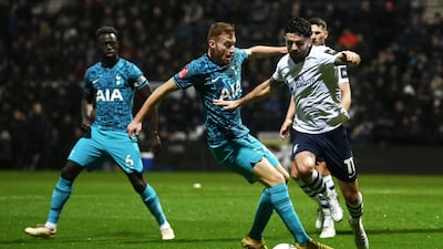 Dejan Kulusevski of Tottenham battles for possession with Robbie Brady of Preston. Getty