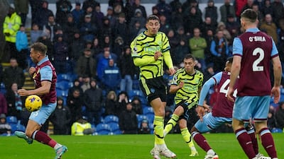 Arsenal's Leandro Trossard scores his team's fourth goal. PA