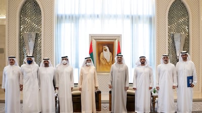 President Sheikh Mohamed and Sheikh Mohammed bin Rashid, Vice President and Ruler of Dubai, with: Lt Gen Sheikh Saif bin Zayed, Deputy Prime Minister and Minister of Interior, third right; Sheikh Mansour bin Zayed, Deputy Prime Minister and Minister of the Presidential Court, sixth right; Sheikh Abdullah bin Zayed, Minister of Foreign Affairs and International Co-operation, eighth right; Sheikh Khaled bin Mohamed, member of the Abu Dhabi Executive Council and chairman of the Abu Dhabi Executive Office, second right; Sheikh Ahmed bin Saeed, President of the Dubai Civil Aviation Authority, chief executive and chairman of the Emirates Group, and chairman of Dubai World, seventh right; Dr Sultan Al Jaber, Minister of Industry and Advanced Technology, managing director and group chief executive of Adnoc and chairman of Masdar, right; after witnessing the signing of an agreement between Adnoc and Dusup at Qasr Al Watan. All photos: Presidential Court