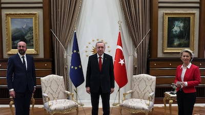 Turkey's President Recep Tayyip Erdogan flanked by European Commission President Ursula von der Leyen and European Council President Charles Michel, at the meeting in Ankara. EPA