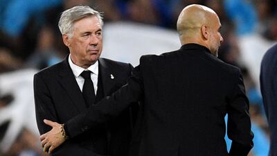 Carlo Ancelotti greets Pep Guardiola after the Champions League semi-final second leg between Real Madrid and Manchester City. AFP