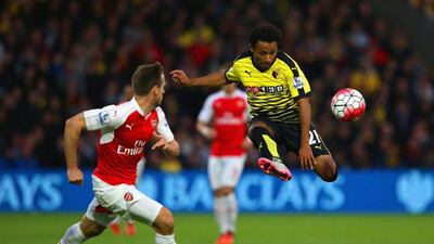 Ikechi Anya of Watford controls the ball on Saturday in his team’s Premier League contest against Arsenal. Jan Kruger / Getty Images