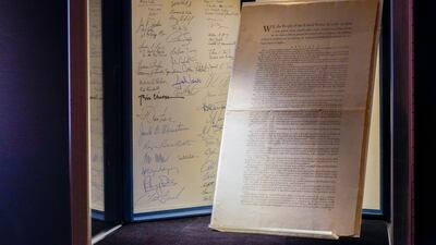 A first printing of the US Constitution is displayed at Sotheby's auction house during a press preview in New York. AP