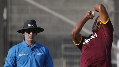 West Indies’ Carlos Brathwaite bowls against Pakistan. Karim Sahib / AFP