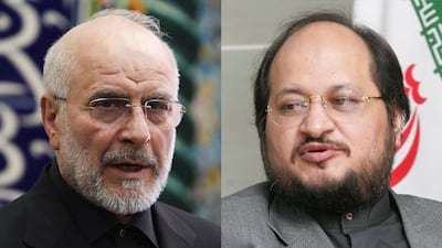 Parliament Speaker Mohammad Bagher Ghalibaf and Hossein Shariatmadari, the editor-in-chief of the Kayhan newspaper. Reuters