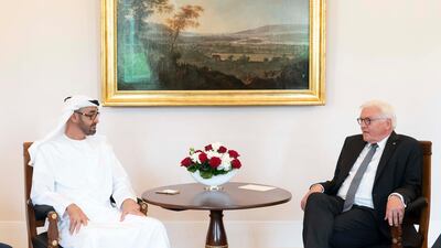 Sheikh Mohamed bin Zayed meets with Mr. Steinmeier at Bellevue Palace. Ministry of Presidential Affairs