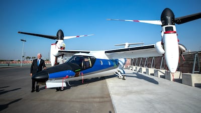 Alessandro Profumo, CEO of Leonardo at the Expo 2020 Dubai helicopter terminal with the AW609 TiltRotor aircraft. Victor Besa/The National.