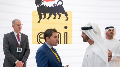 Sheikh Mohamed bin Zayed, Crown Prince of Abu Dhabi and Deputy Supreme Commander of the UAE Armed Forces, visits the Eni stand while touring the Abu Dhabi International Petroleum Exhibition and Conference, at Abu Dhabi National Exhibition Centre. Rashed Al Mansoori / Ministry of Presidential Affairs