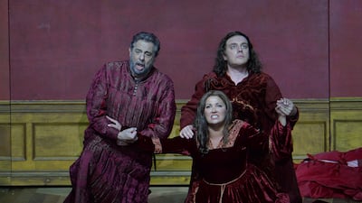 Placido Domingo, Anna Netrebko and Francesco Meli performing in Verdi's 'Il Trovatore',in Salzburg, Austria in 2014. Getty Images