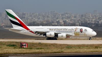 A double-decker Airbus A380 plane lands at the Rafic Hariri International Airport in Beirut, Lebanon. AP