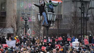 People take part in a protest in support of Russian opposition leader Alexei Navalny, in Moscow. EPA