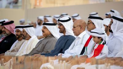 Sheikh Mohamed, King Hamad and Mr Ould Ghazouani with Sheikh Mansour, Sheikh Saif bin Zayed, Deputy Prime Minister and Minister of Interior, Sheikh Mohamed bin Saif Al Nahyan, and Sheikh Tahnoon bin Mohammed, Ruler's Representative in Al Ain Region. Eissa Al Hammadi for the Presidential Court