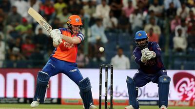 Eoin Morgan playing a shot during the Abu Dhabi T10 Cricket match between Deccan Gladiators v Delhi Bulls held at Sheikh Zayed Cricket Stadium in Abu Dhabi. Pawan Singh/The National.