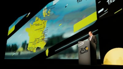 Tour de France director Christian Prudhomme delivers his speech during the presentation of the 2022 Tour de France. AP