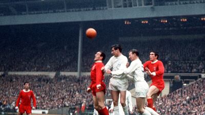 Left to right Ian St John, Norman Hunter, Jack Charlton and Ron Yeats challenge for a header during the 1965 FA Cup final at Wembley Stadium. Liverpool won the match 2-1 when St John scroed the winner in extra-time. PA