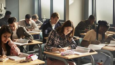Sophie Hopkins, front centre, as April in Class. Simon Ridgeway