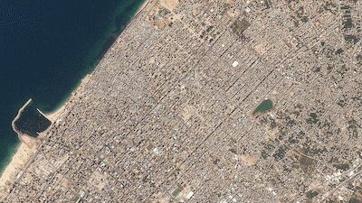 Rimal neighbourhood in Gaza city, pictured in September 2023, before the war began, and in October 2024, after a year of strikes. Reuters