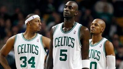 Paul Pierce, left, Kevin Garnett, centre and Ray Allen are the big three at the Boston Celtics at present.