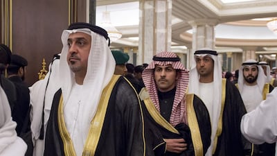 Dr Sheikh Sultan bin Khalifa Al Nahyan (left), advisor to President Sheikh Khalifa, and Mohamed Mubarak Al Mazrouei (second right), Under-Secretary of the Crown Prince Court of Abu Dhabi, offer condolences. Rashed Al Mansoori / Crown Prince Court - Abu Dhabi