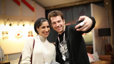 Maha Jaafar with UK-based vlogger Myles Dyer at the YouTube Creators for Change Summit in London.