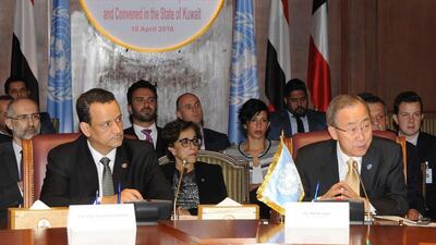 United Nations special envoy to Yemen, Ismail Ould Cheikh Ahmed (L), and UN Secretary General Ban Ki-moon attending a joint meeting for the Yemeni negotiators in Kuwait City. Mr Ban urged Yemen's warring parties to accept a roadmap for peace and quickly reach a comprehensive settlement to the conflict. AFP PHOTO / HO / KUNA