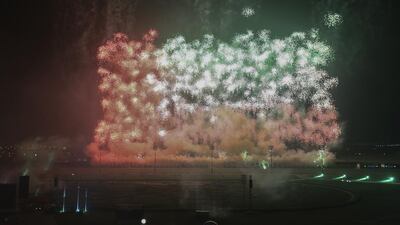 March 28: The 20th anniversary of the Dubai World Cup at Meydan Racecourse in Dubai lit up the sky and broke records: boasting the largest pyrotechnic image, measuring 65,526 square metres and depicting the flag of the United Arab Emirates. The display was achieved by the American company Fireworks by Grucci. Sarah Dea / The National