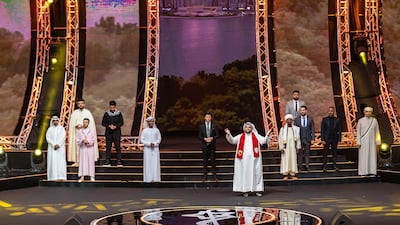 The 12 contestants of 'Munshid Al Sharjah' 2022 at Al Majaz Amphitheatre at the start of the quarter-finals. Photo: NNCPR