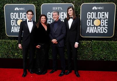Actor Pierce Brosnan with wife, Keely Shaye Smith, and sons Dylan and Paris Brosnan. Reuters